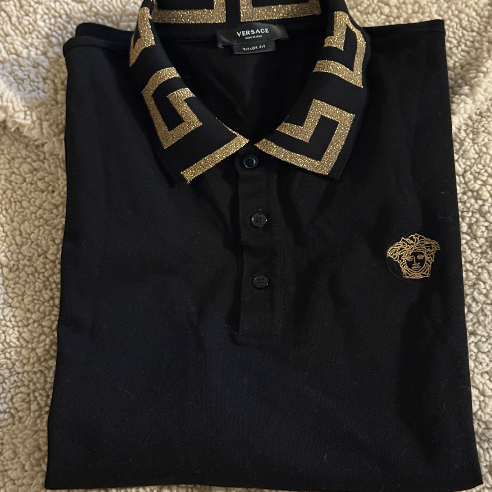 Versace Men's Polo with Black and Gold Accents